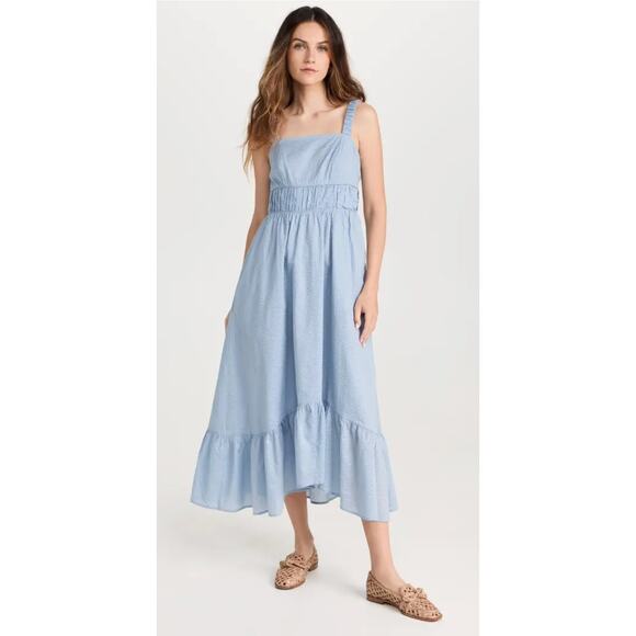 AYR Shirred Seersucker Light Blue Midi Dress in 100% Cotton Size XL - Picture 1 of 8